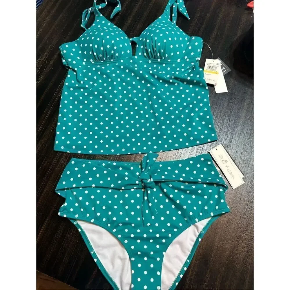 Salt & Cove NWT THREE piece bikini/ tankini set size M- green and white polka do